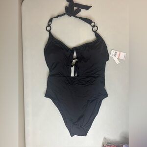 Trina Turk Monaco Scoop Neck Cutout Halter One Piece Swimsuit Black Size 10 NWT